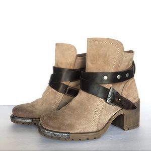 C Fly London Lok Brown Leather Strap Steel Toe Moto Fall Women Boots Size 6.5/7